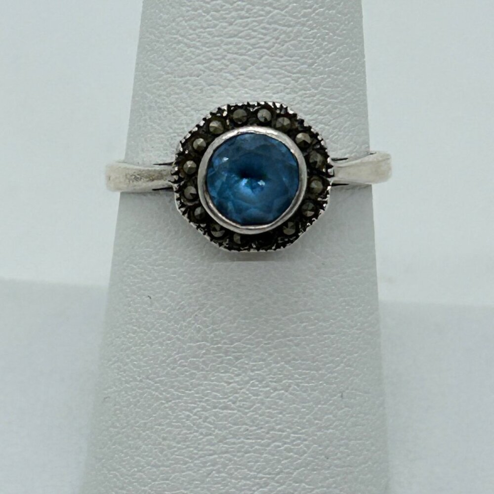 Vintage Sterling Silver Ring Blue Stone Marcasite Art Deco Revival1980s Size 7 - Picture 12 of 12